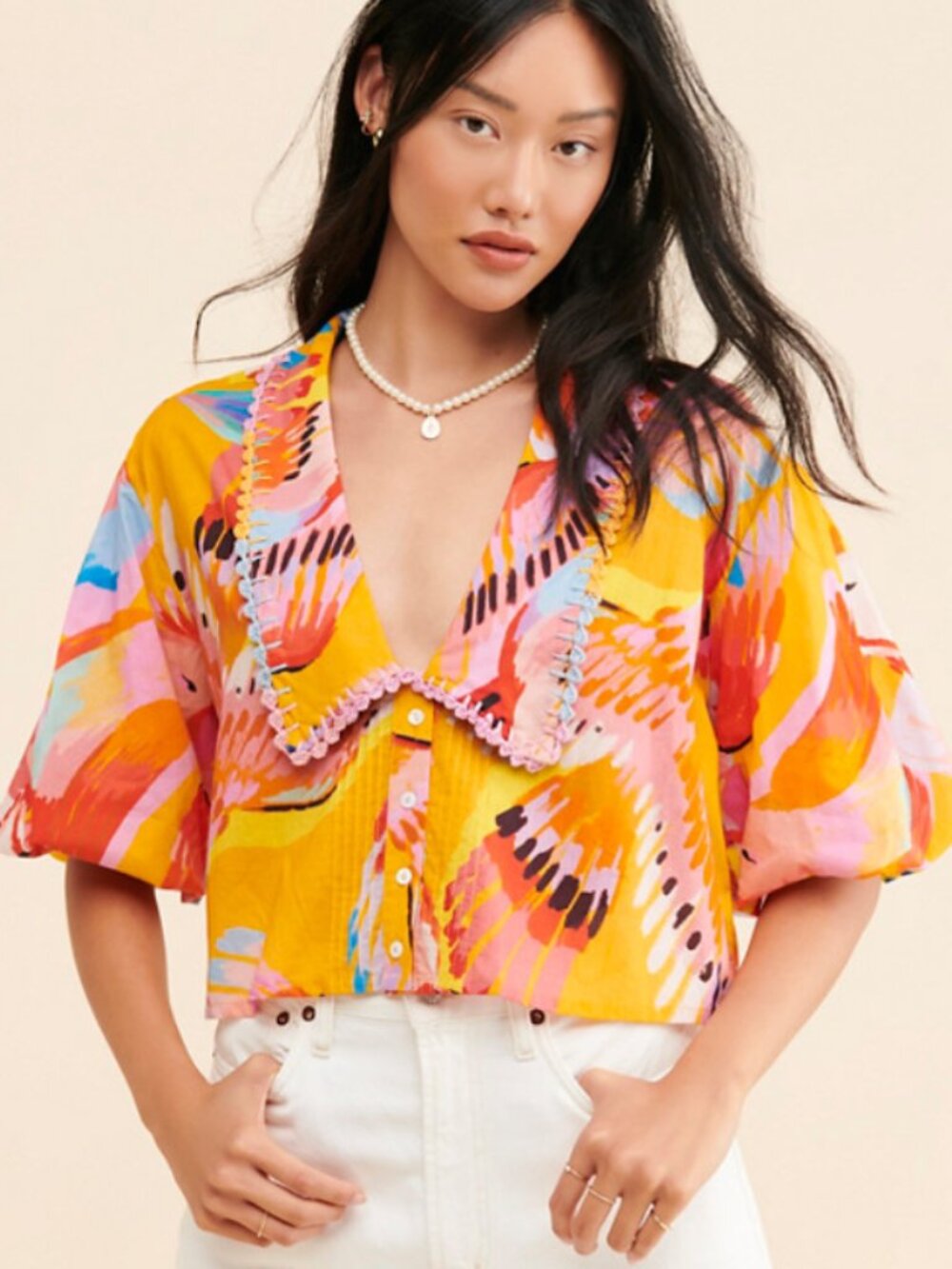 Farm Rio Neon Macaws Collar Puff-Sleeve Blouse - Picture 2 of 3